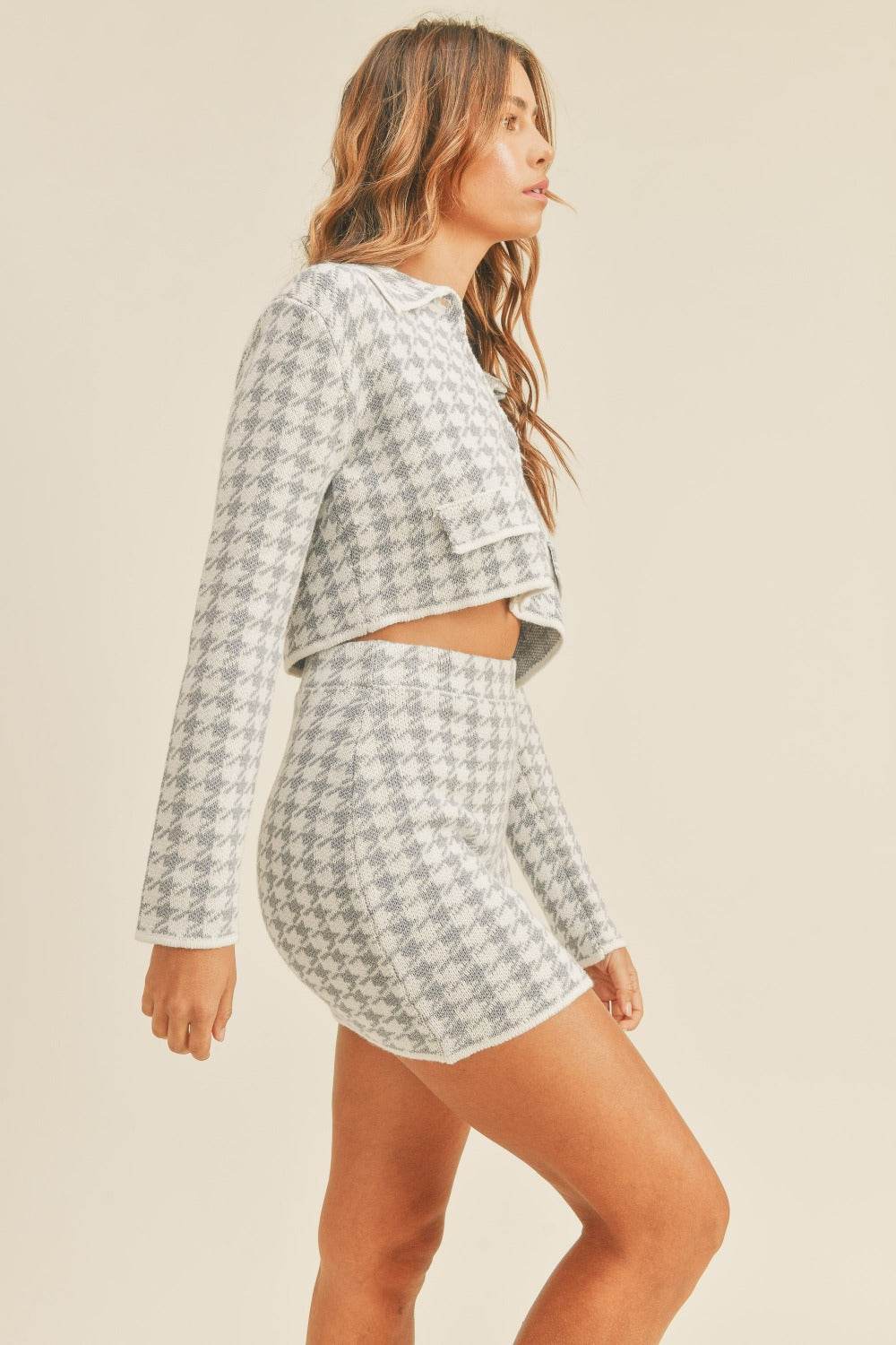 MABLE Houndstooth Cropped Knit Cardigan and Mini Skirt Set - Delanoir