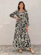 Smocked Printed Tie Neck Long Sleeve Dress - Delanoir
