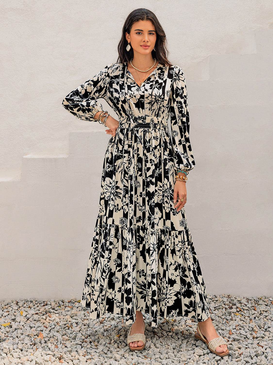Smocked Printed Tie Neck Long Sleeve Dress - Delanoir