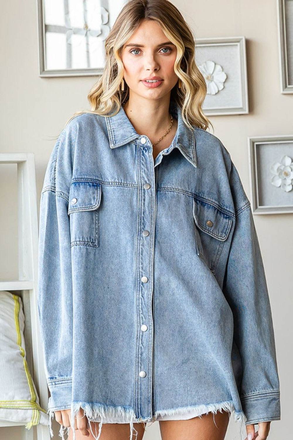 First Love Smile Face Button Down Raw Hem Denim Jacket - Delanoir
