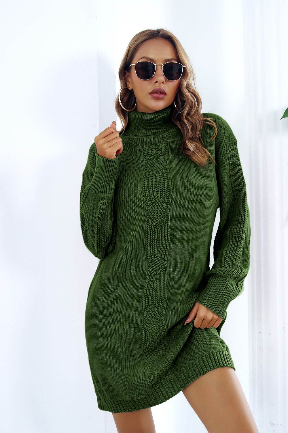 Openwork Turtleneck Long Sleeve Sweater Dress - Delanoir