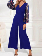 Surplice Embroidered Long Sleeve Wide Leg Jumpsuit - Delanoir