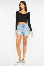 Kancan High Waist Frayed Denim Shorts - Delanoir