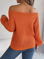 Openwork Off-Shoulder Long Sleeve Sweater - Delanoir