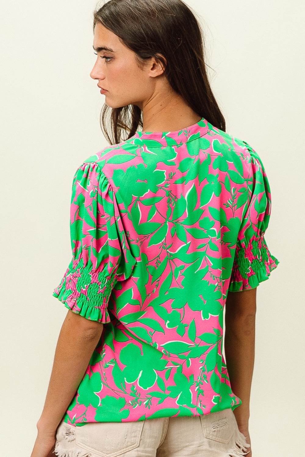 BiBi Smocked Cuff Floral Contrast Top - Delanoir