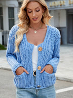 Round Neck Button Up Cardigan with Pockets - Delanoir