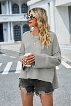 High-Low Slit Round Neck Long Sleeve Sweater - Delanoir