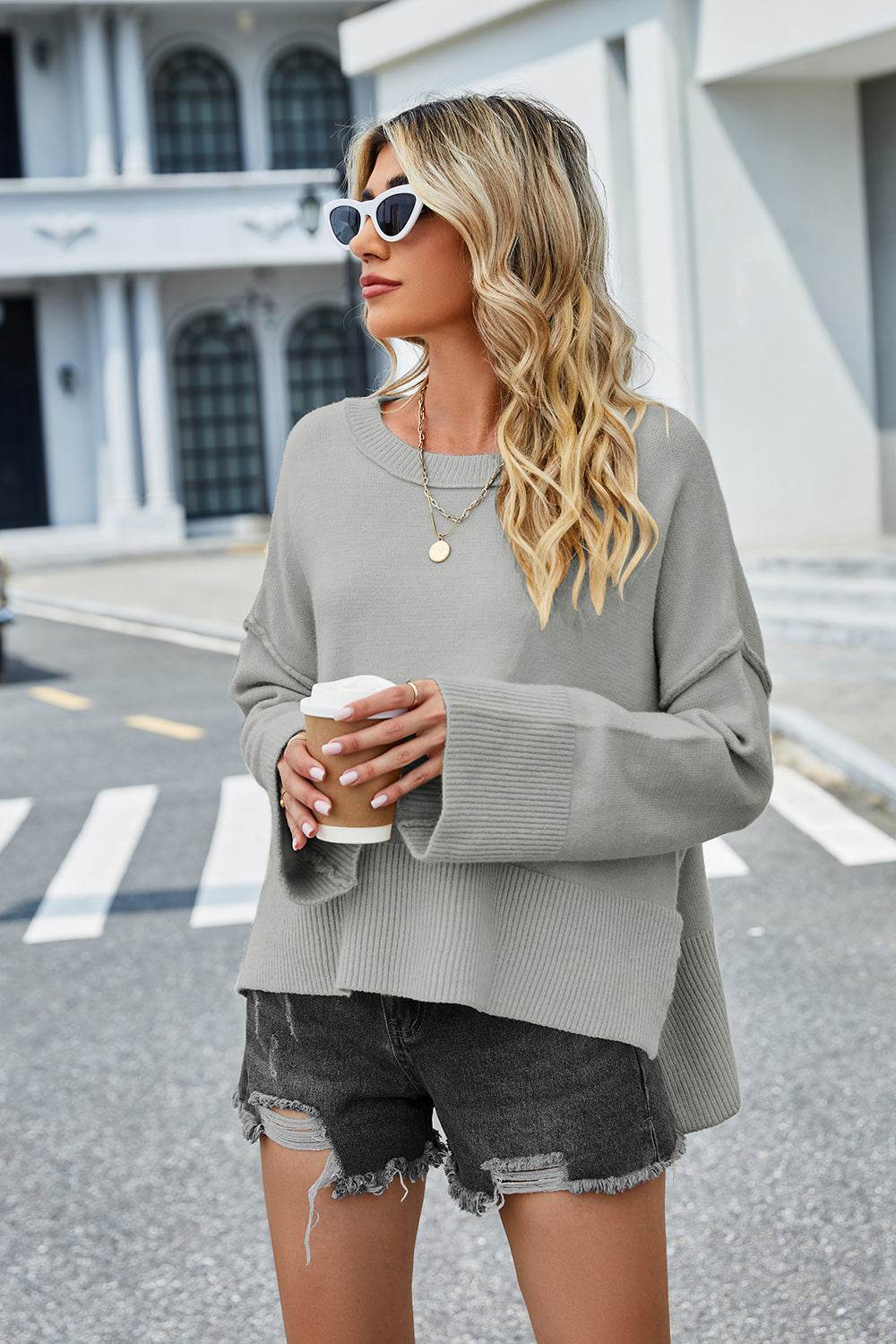 High-Low Slit Round Neck Long Sleeve Sweater - Delanoir