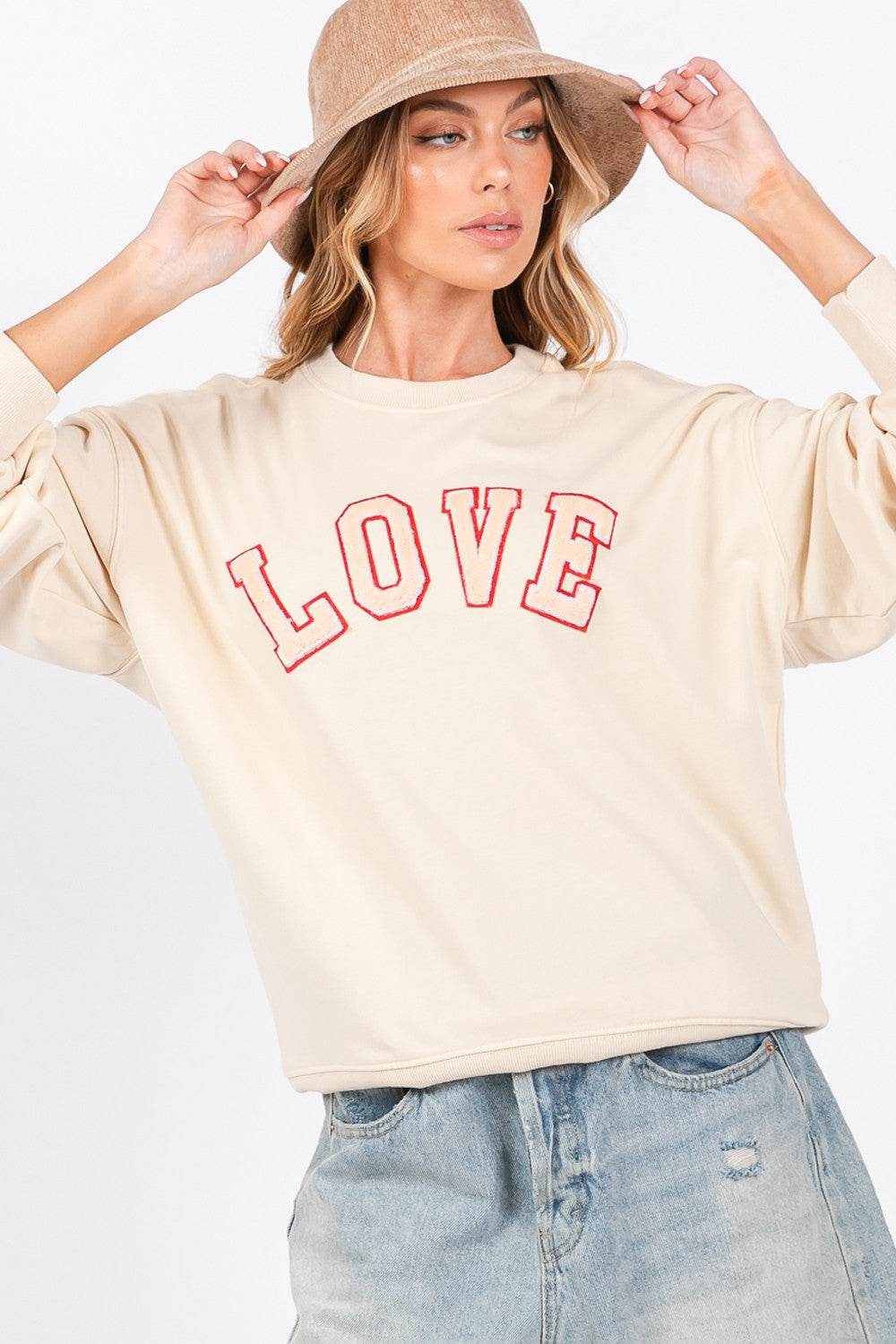 SAGE + FIG LOVE Path Applique Drop Shoulder Sweatshirt - Delanoir