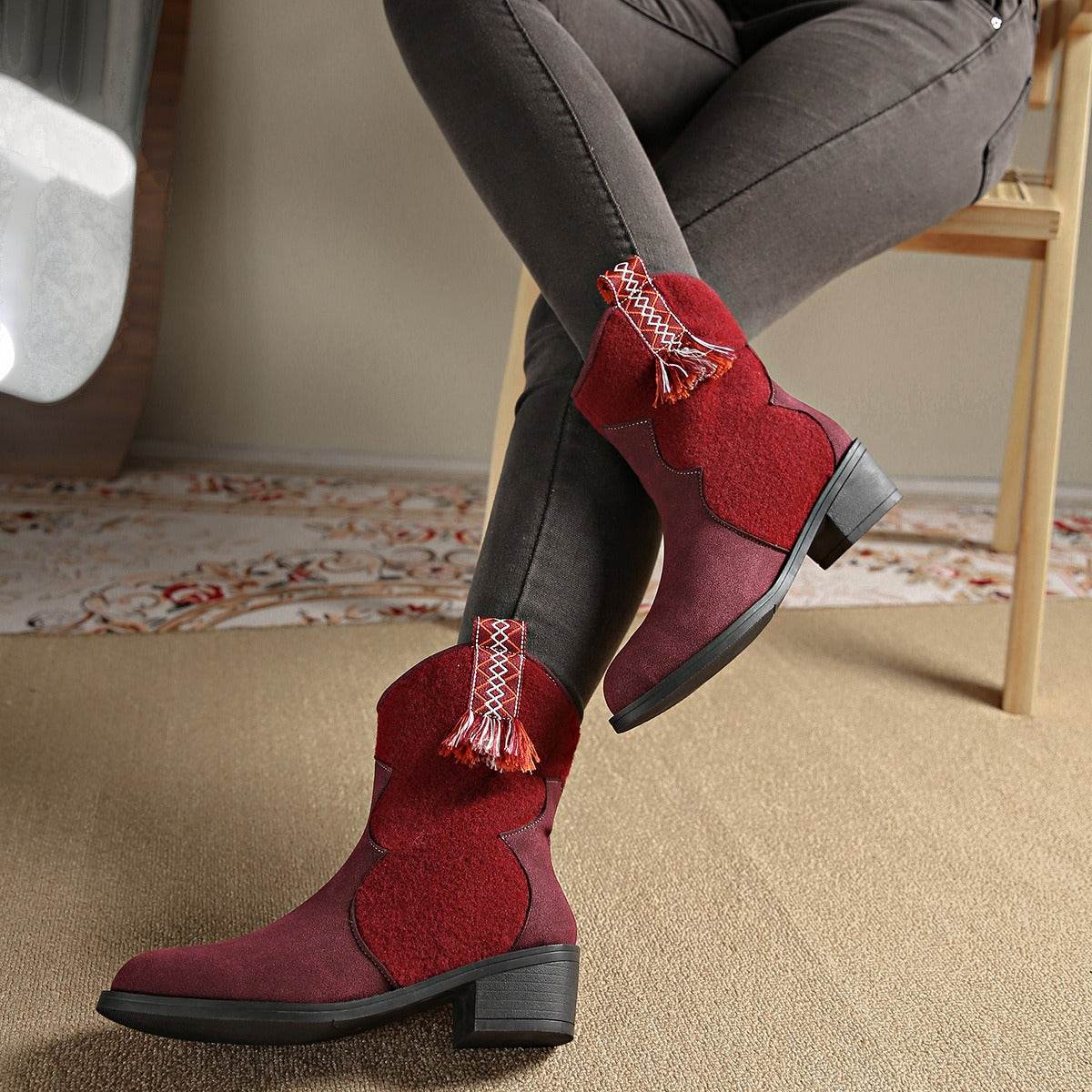 Suede Point Toe Block Heel Boots - Delanoir