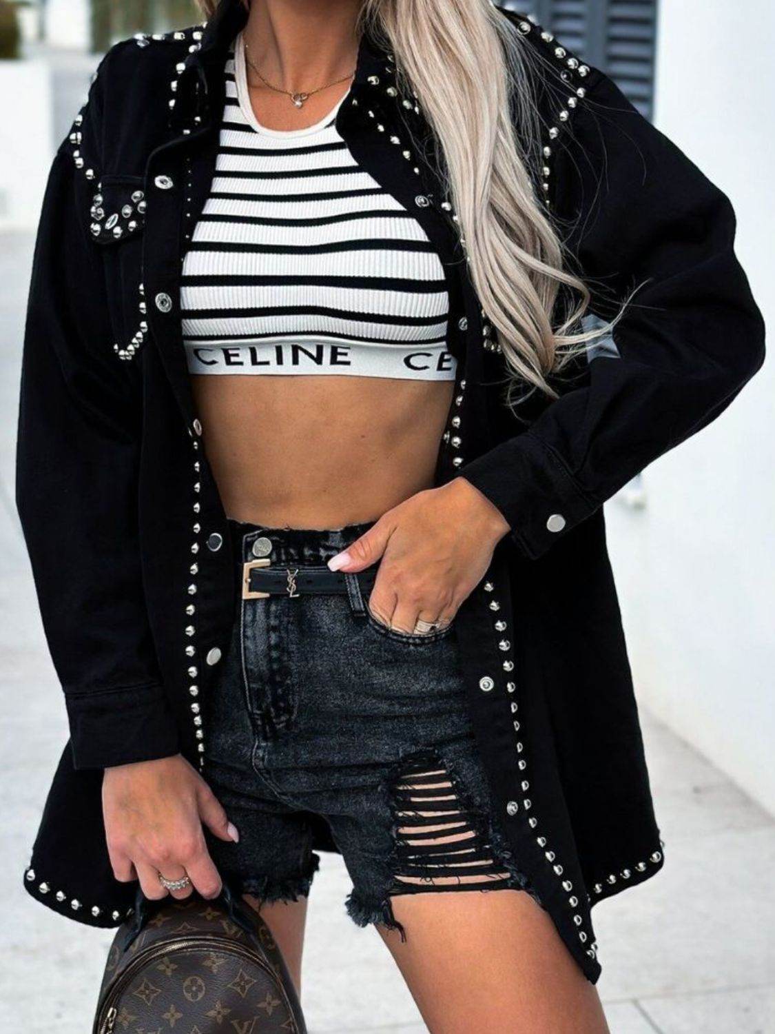 Studded Snap Down Long Sleeve Denim Shacket - Delanoir