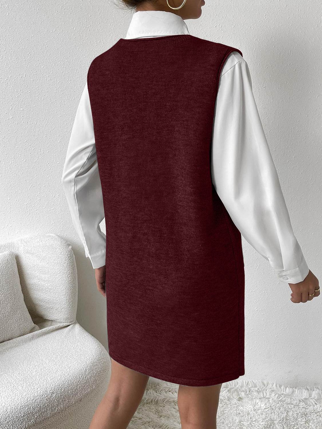 V-Neck Sleeveless Sweater Dress with Pockets - Delanoir