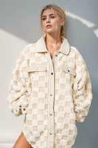 Double Take Button Up Fuzzy Checkered Shacket - Delanoir