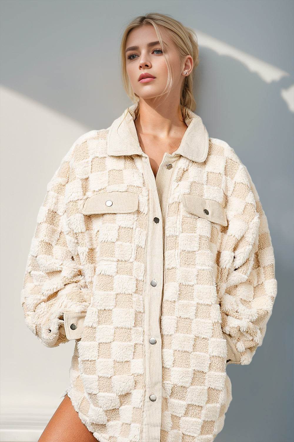 Double Take Button Up Fuzzy Checkered Shacket - Delanoir
