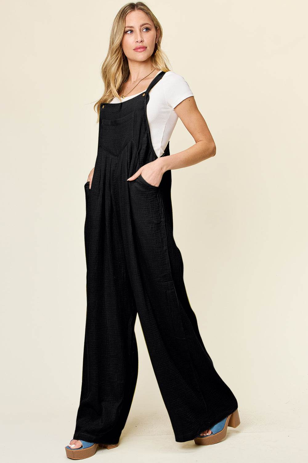 Double Take Full Size Texture Wide Strap Wide Leg Overall - Delanoir