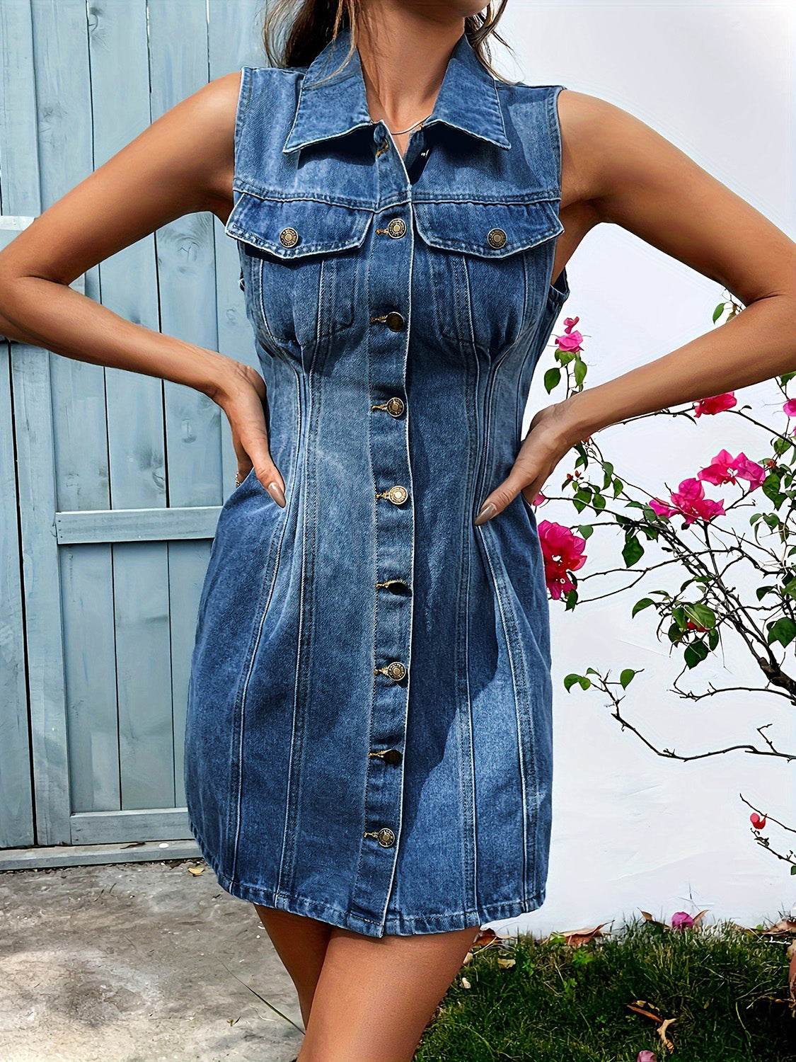 Pocketed Button Up Sleeveless Denim Dress - Delanoir