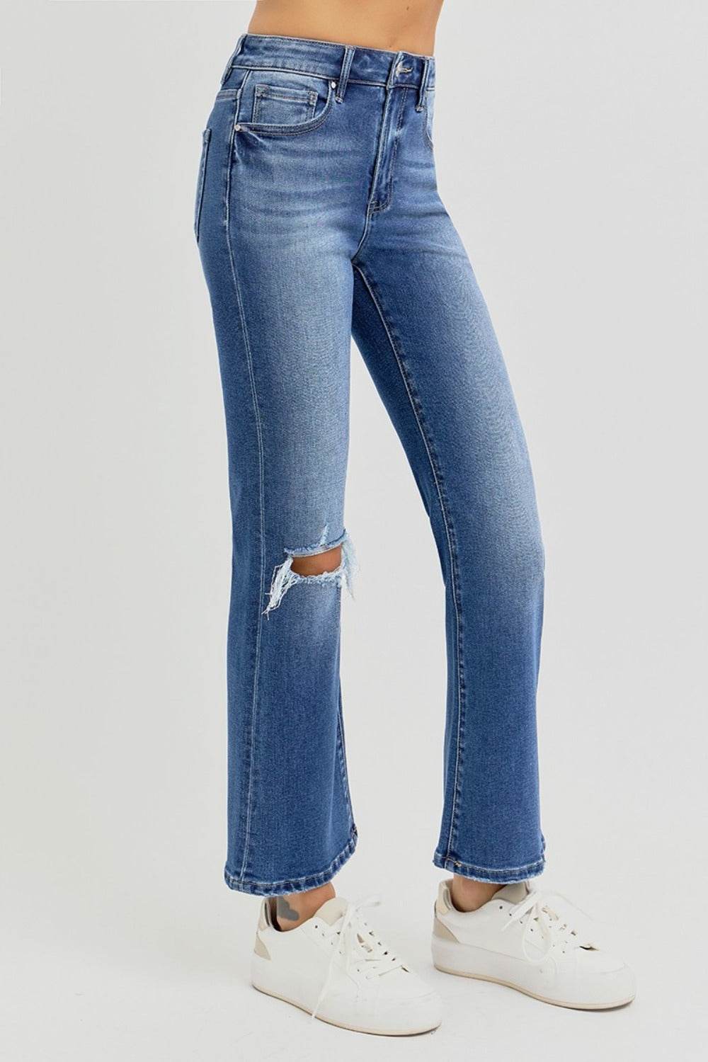 RISEN Full Size Distressed High Rise Crop Flare Jeans - Delanoir
