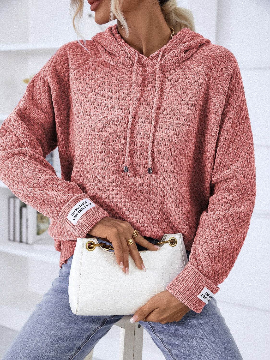Texture Drawstring Long Sleeve Hooded Sweater - Delanoir