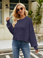 Round Neck Lantern Sleeve Sweater - Delanoir