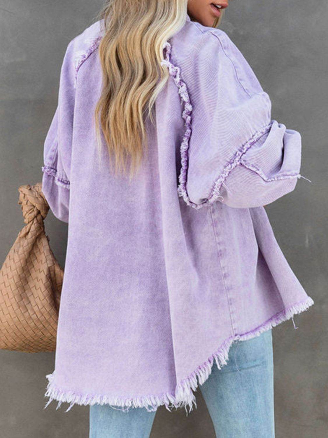 Button Down Raw Hem Denim Jacket - Delanoir