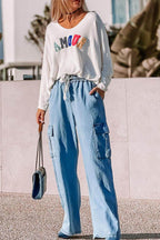 Drawstring Cargo Pocket Wide Leg Jeans - Delanoir