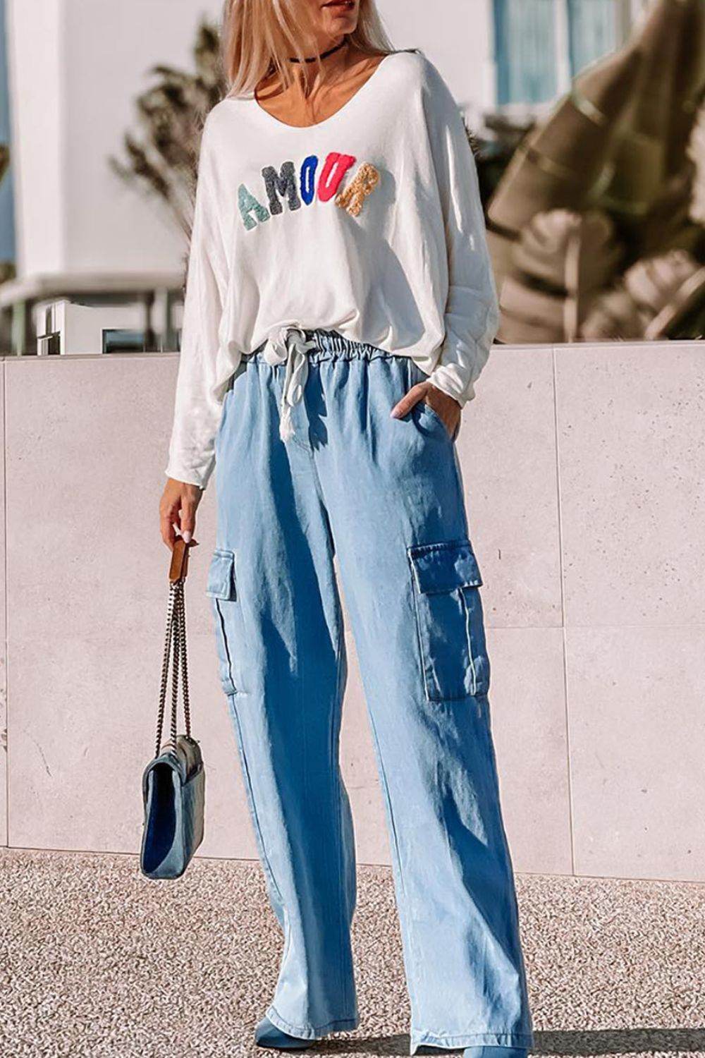 Drawstring Cargo Pocket Wide Leg Jeans - Delanoir