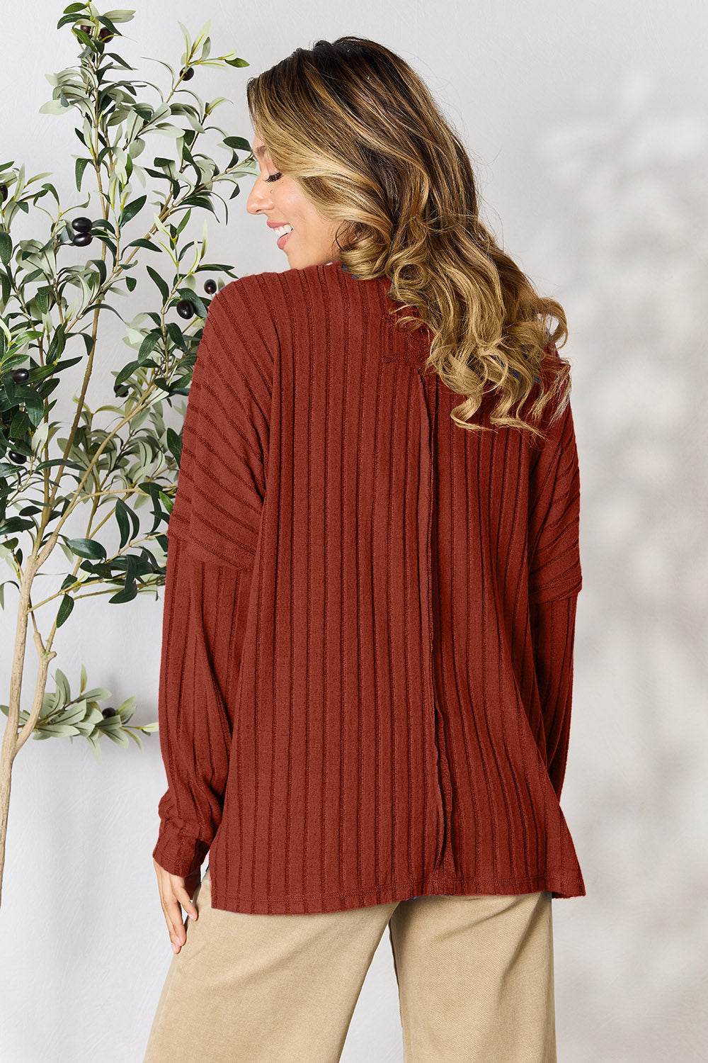 Basic Bae Full Size Ribbed Round Neck Slit Knit Top - Delanoir