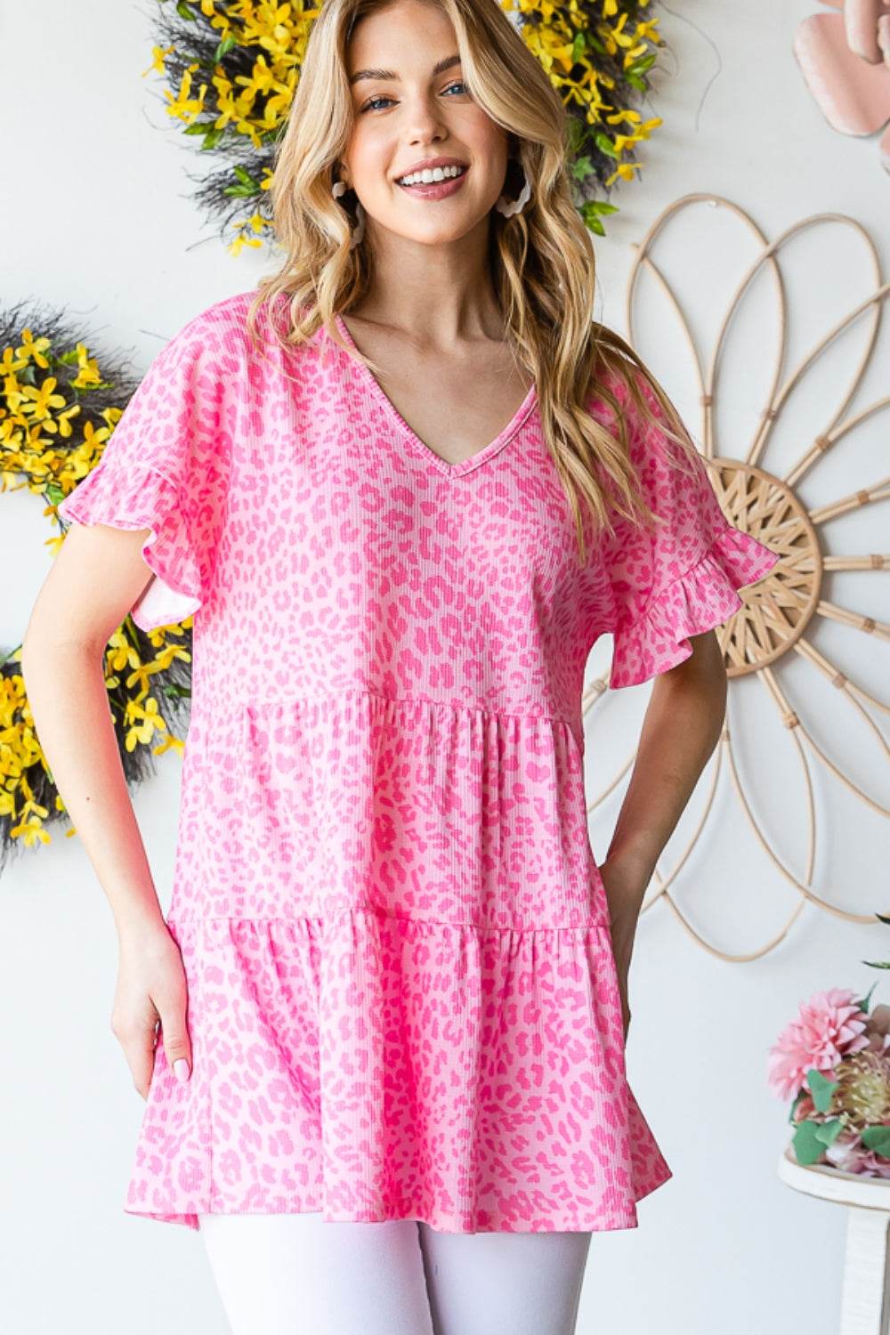 Heimish Full Size Leopard Ruffle Trim Short Sleeve Top - Delanoir