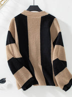 Waffle-Knit V-Neck Striped Long Sleeve Cardigan - Delanoir