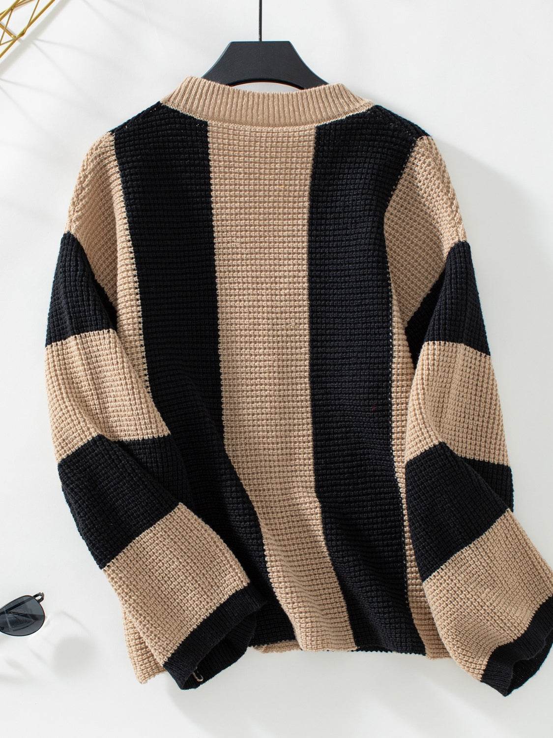 Waffle-Knit V-Neck Striped Long Sleeve Cardigan - Delanoir