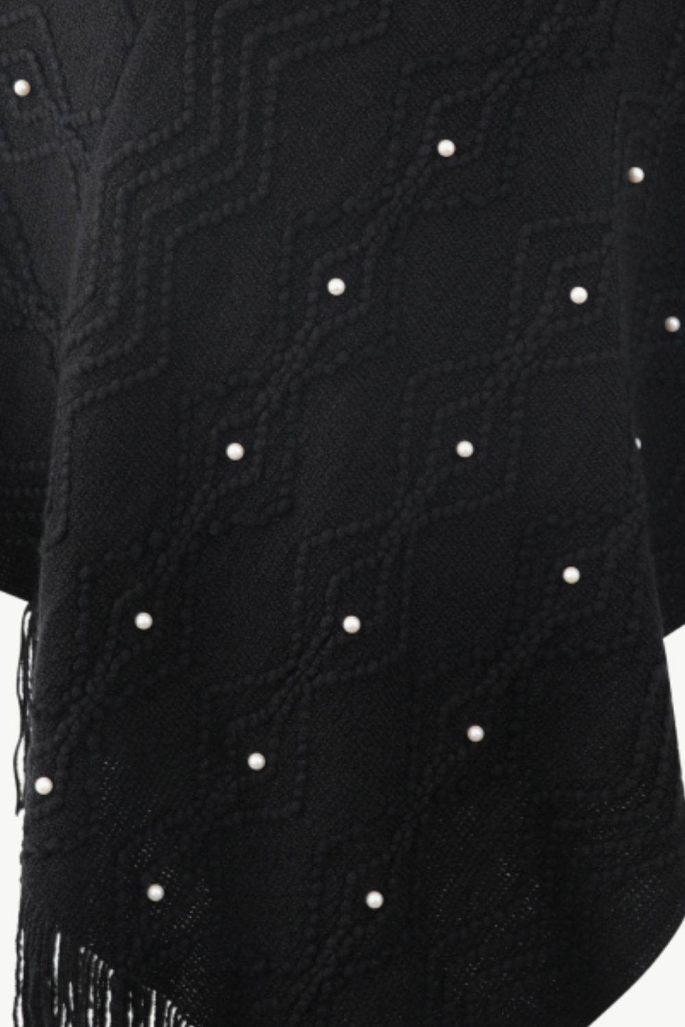 Pearl Trim V-Neck Fringe Hem Poncho - Delanoir