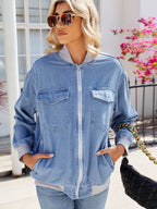 Pocketed Zip Up Baseball Collar Denim Jacket - Delanoir