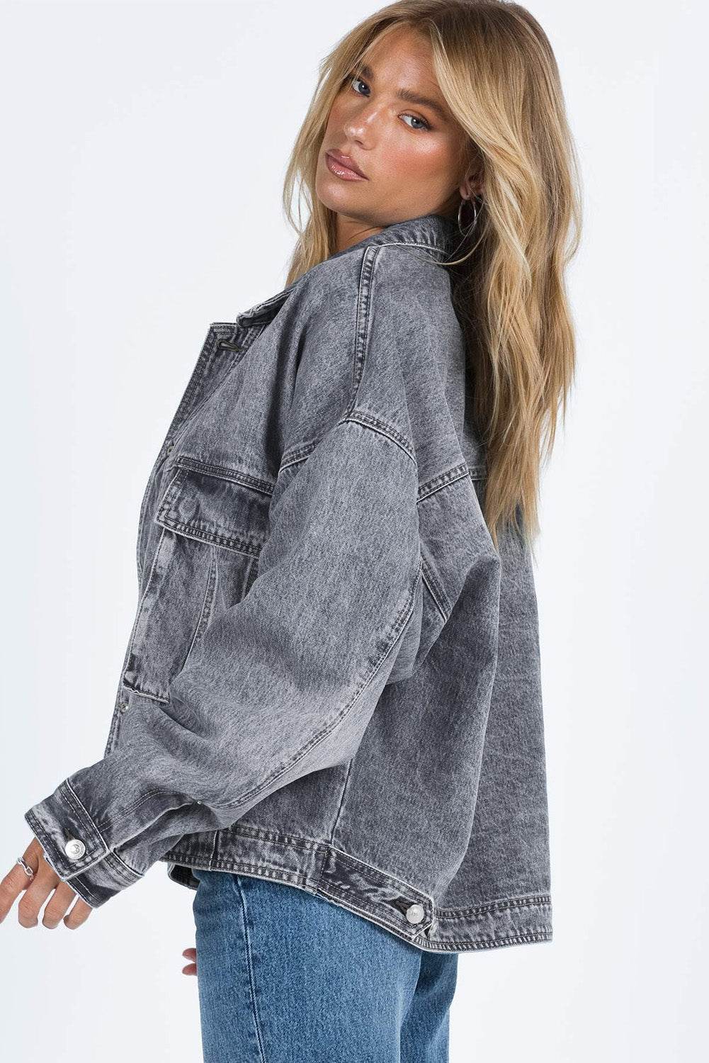 Collared Neck Button Up Denim Jacket - Delanoir