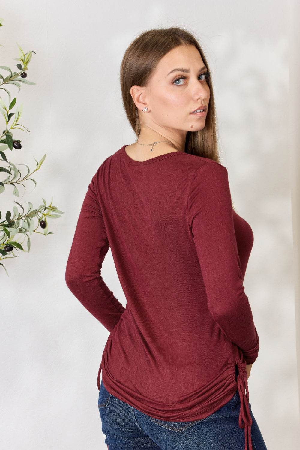 Culture Code Full Size Drawstring Round Neck Long Sleeve Top - Delanoir