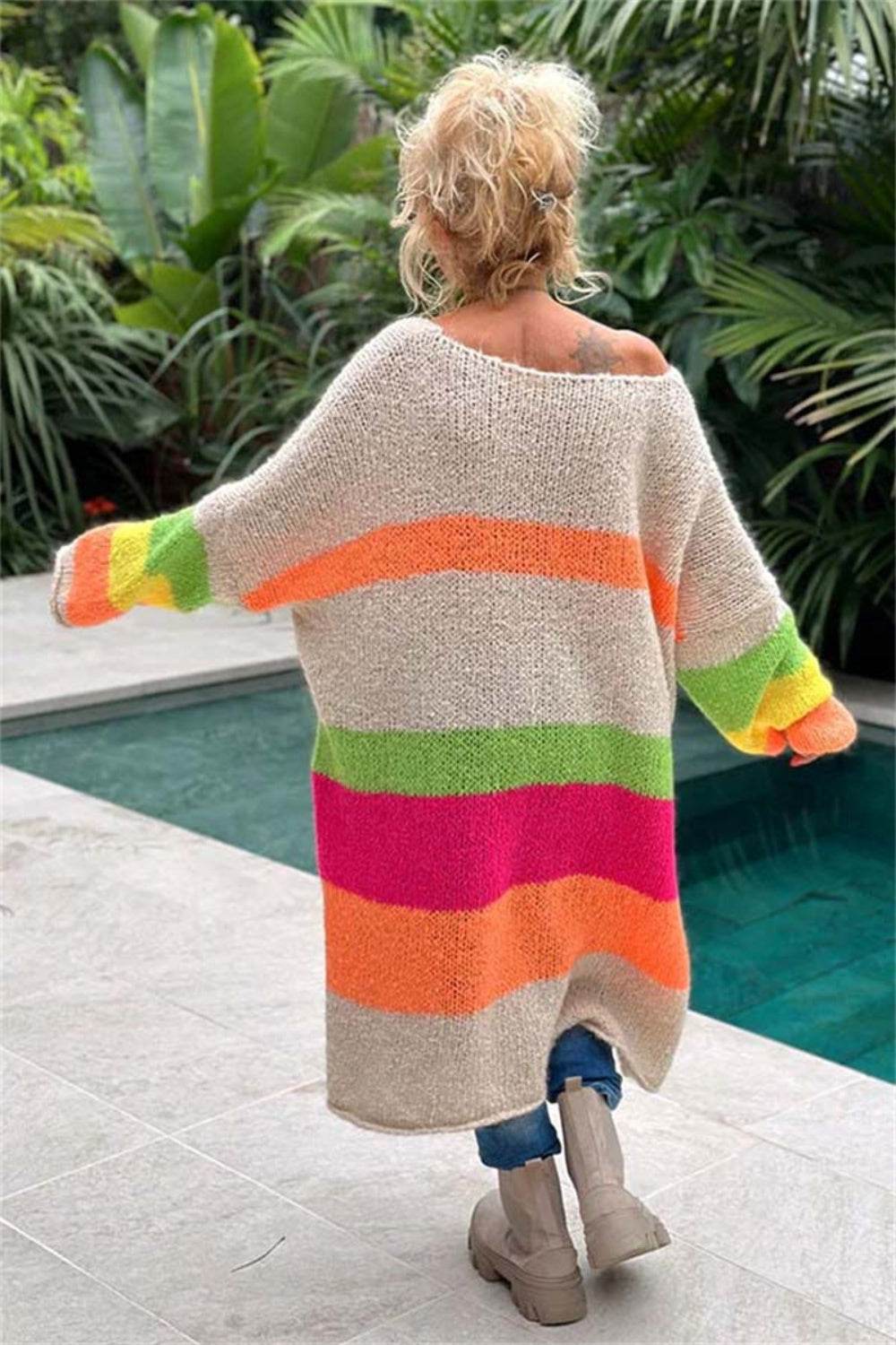 Color Block V-Neck Long Sleeve Sweater Dress - Delanoir