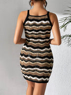 Openwork Striped Spaghetti Strap Knit Dress - Delanoir