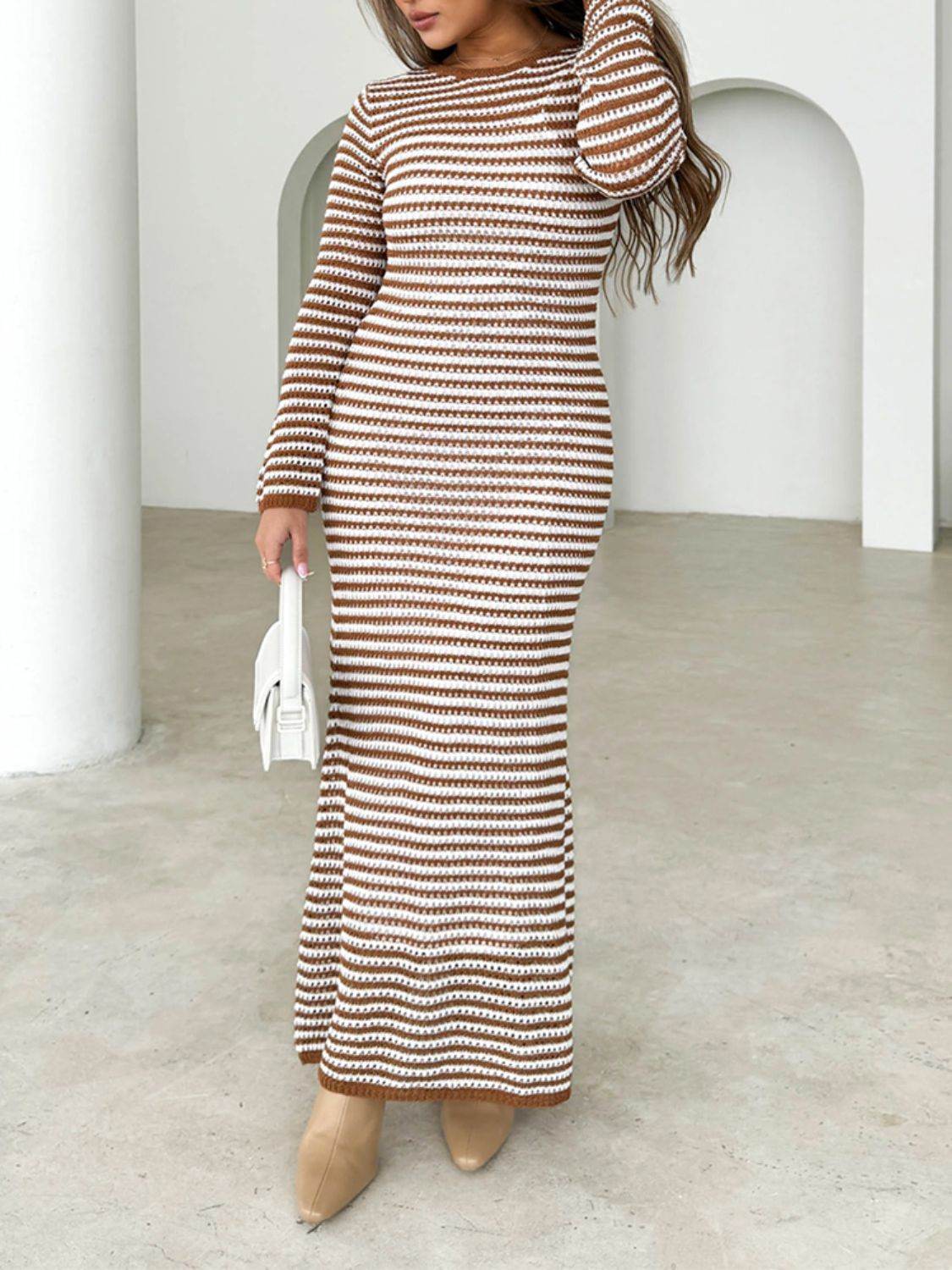 Devine Tied Round Neck Striped Sweater Dress - Delanoir