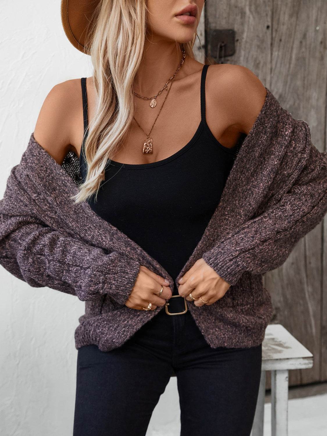 Cable-Knit Open Front Long Sleeve Cardigan - Delanoir