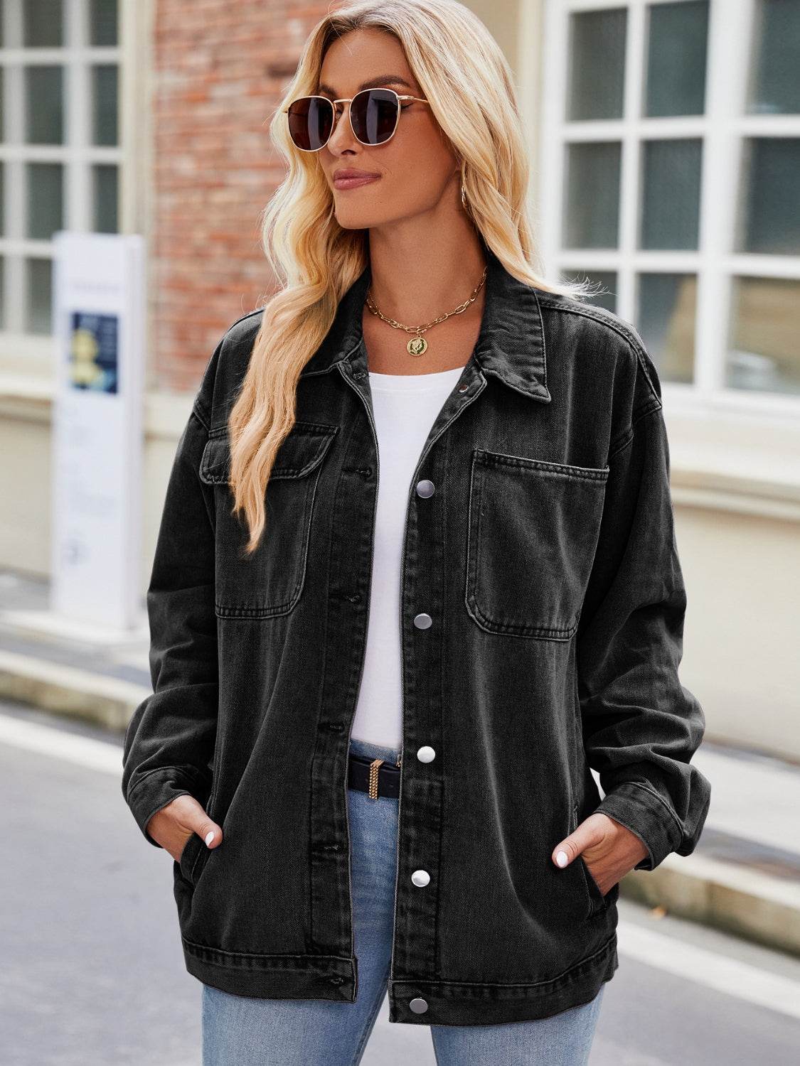 Button Up Denim Jacket with Pockets - Delanoir