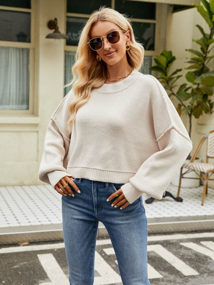Round Neck Lantern Sleeve Sweater - Delanoir