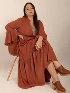 Plus Size Ruffled Notched Long Sleeve Midi Dress - Delanoir