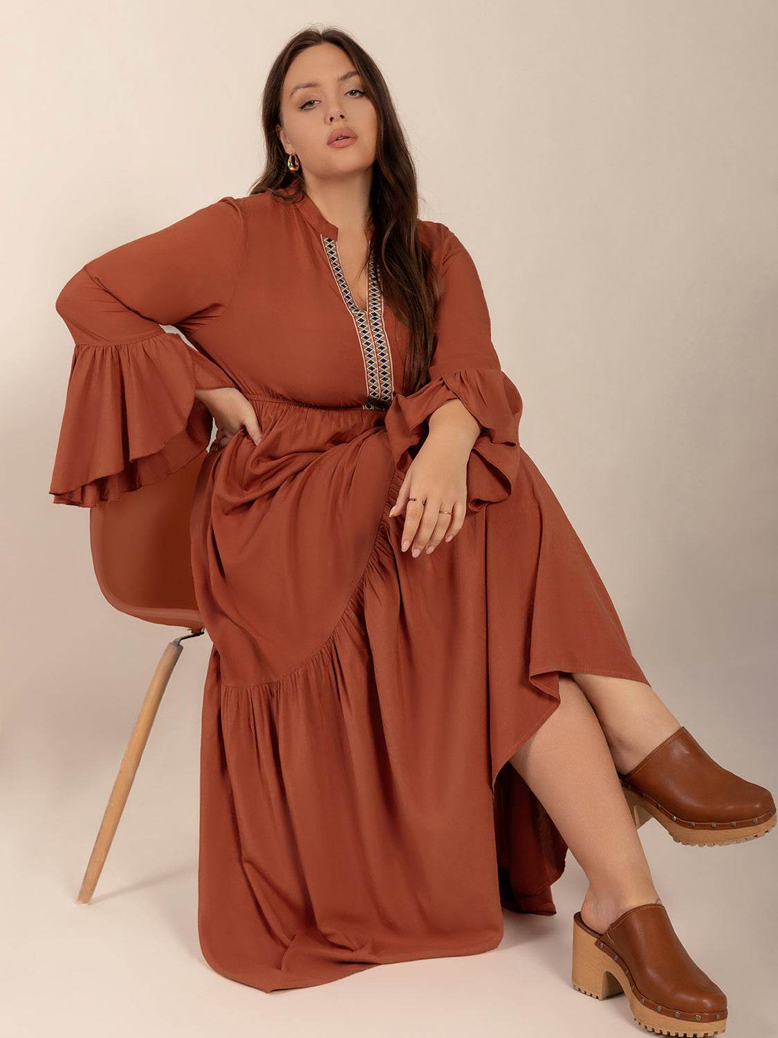 Plus Size Ruffled Notched Long Sleeve Midi Dress - Delanoir