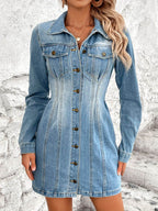 Pocketed Button Up Long Sleeve Denim Dress - Delanoir