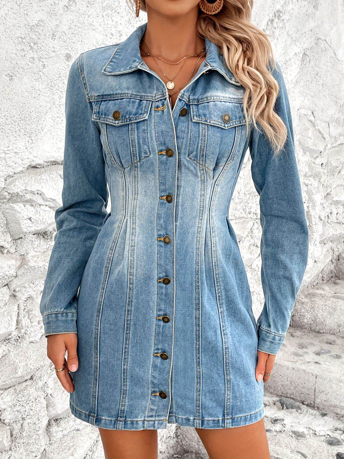 Pocketed Button Up Long Sleeve Denim Dress - Delanoir