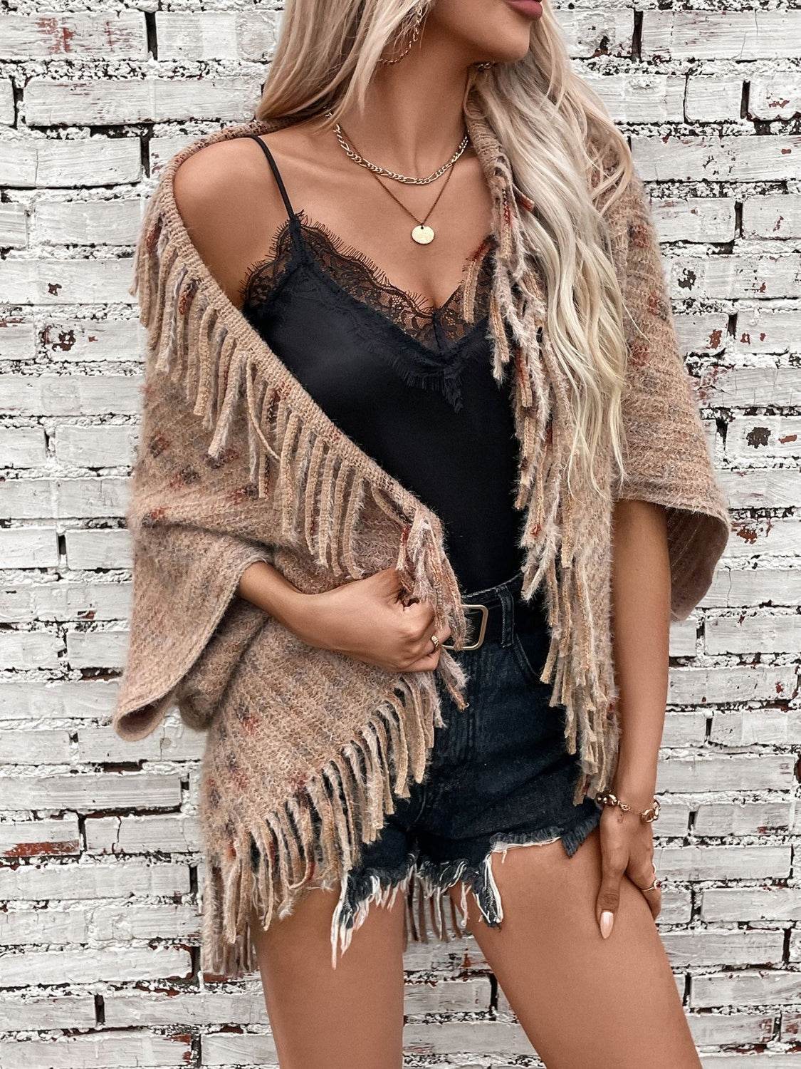 Fringe Open Front Half Sleeve Poncho - Delanoir