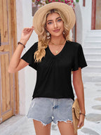 Double Take Ruched V-Neck Short Sleeve T-Shirt - Delanoir