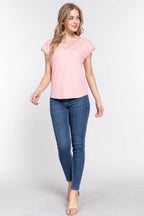 ACTIVE BASIC Lace Trim V-Neck Short Sleeve Ribbed Top - Delanoir
