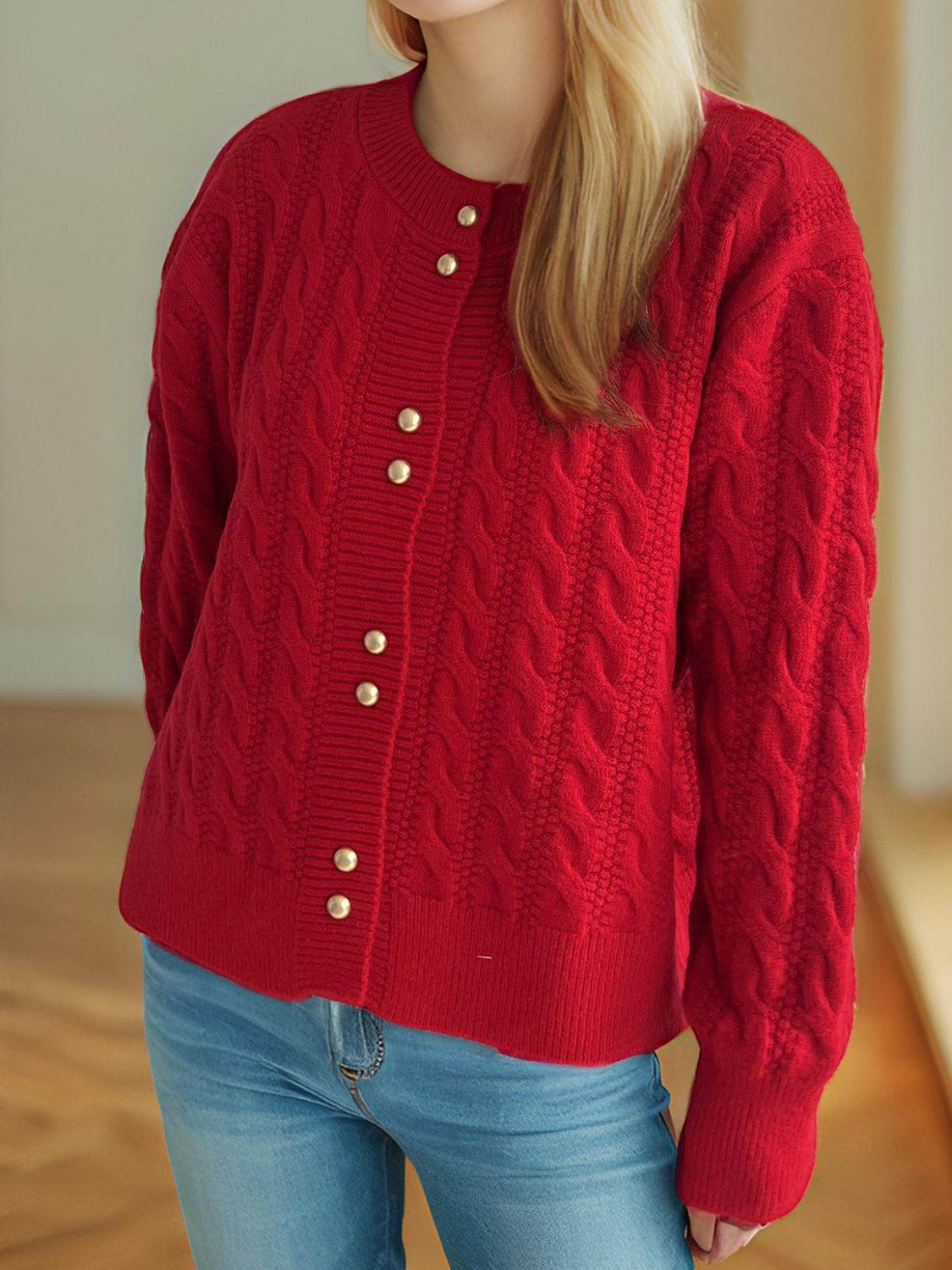 Cable-Knit Round Neck Long Sleeve Cardigan - Delanoir