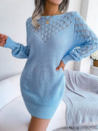 Openwork Boat Neck Sweater Dress - Delanoir