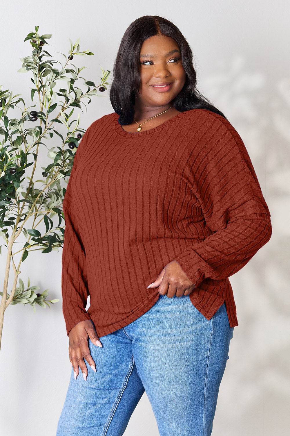 Basic Bae Full Size Ribbed Round Neck Slit Knit Top - Delanoir